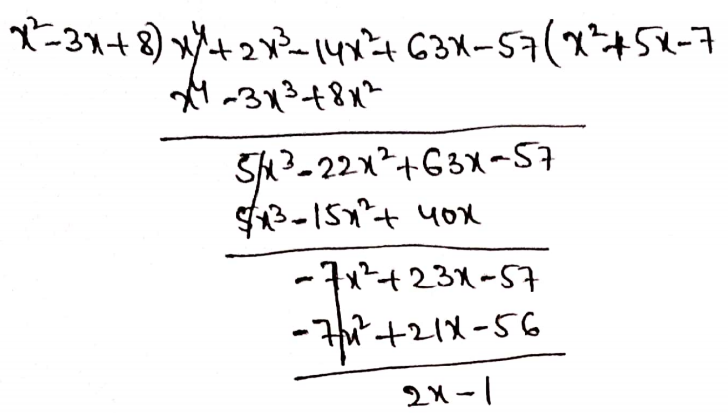 Class 8 Maths Algebra Chapter 2 Multiplication And Division Of Polynomials Quotient is x2+5x-7 and remainder is 2x-1